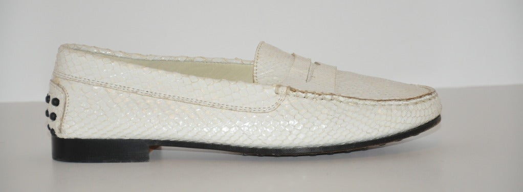 Women's TOD's White Snake-Skin Penny Loafer-Style Shoes