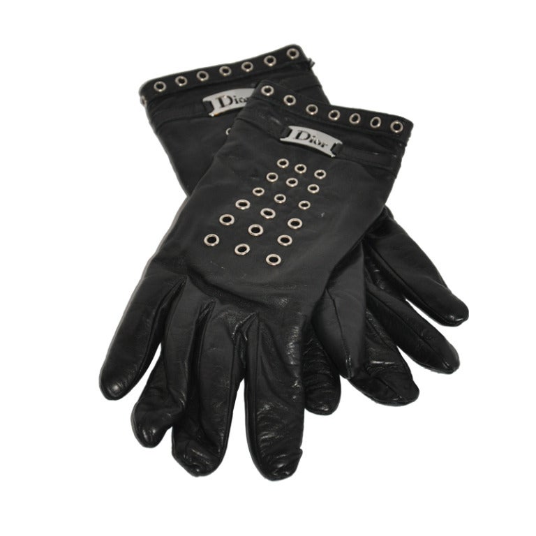 Christian Dior Black Leather and Hardware Gloves For Sale