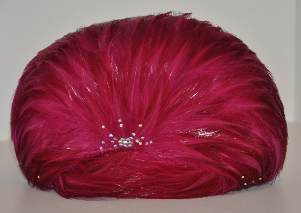 Red Rare Jack McConnell Bold Fuchsia Feather & Rhinestone Cloche