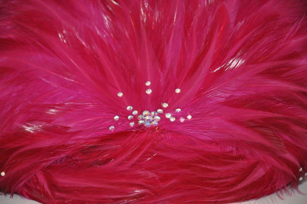 Rare Jack McConnell Bold Fuchsia Feather & Rhinestone Cloche In Excellent Condition In New York, NY