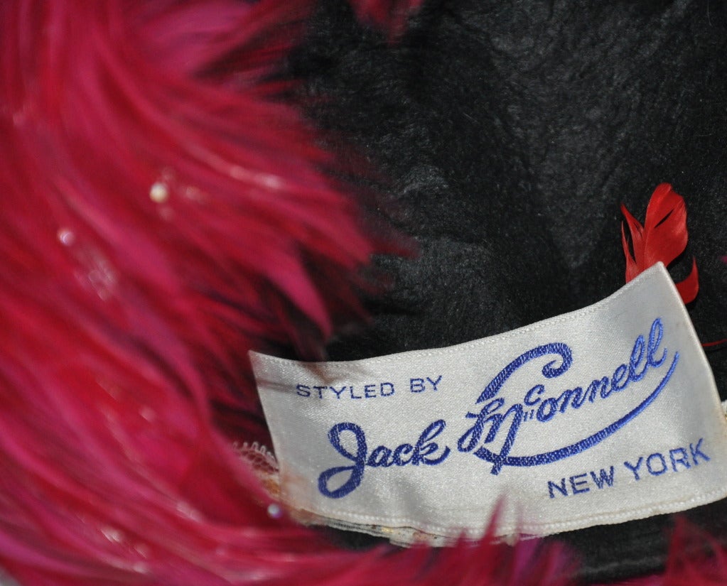 Women's Rare Jack McConnell Bold Fuchsia Feather & Rhinestone Cloche