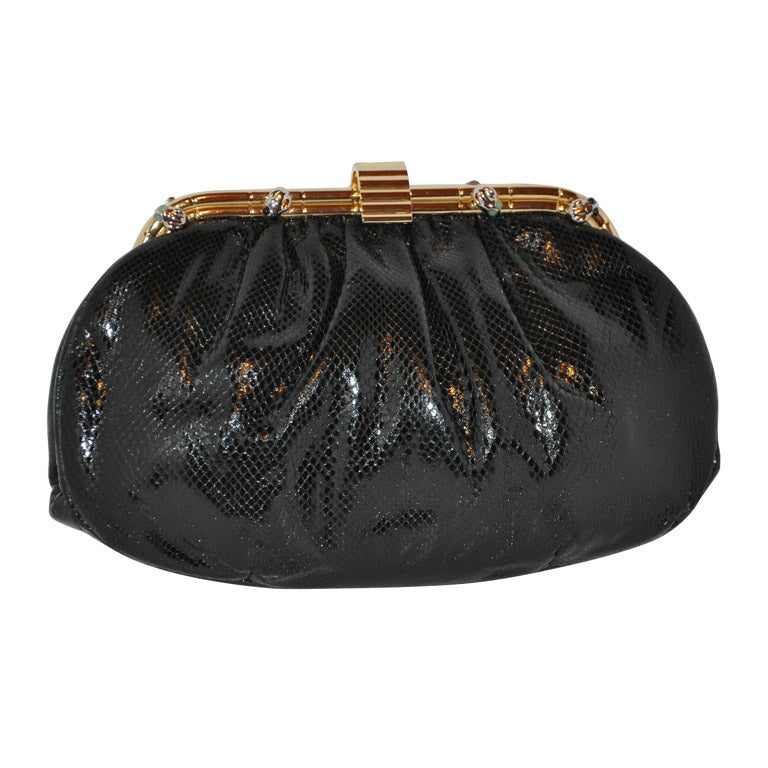 Judith Leiber Clutch grande in lucertola nera e pietre cabochon