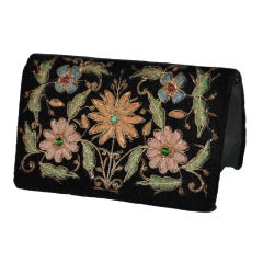 Vintage Fabrikant's Black Velvet with Floral Embellishment Evening Bag