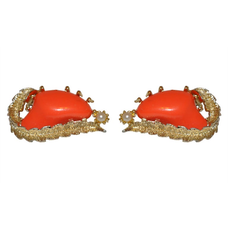 Coro Gold with Coral & Pearl Clip-On Earrings For Sale