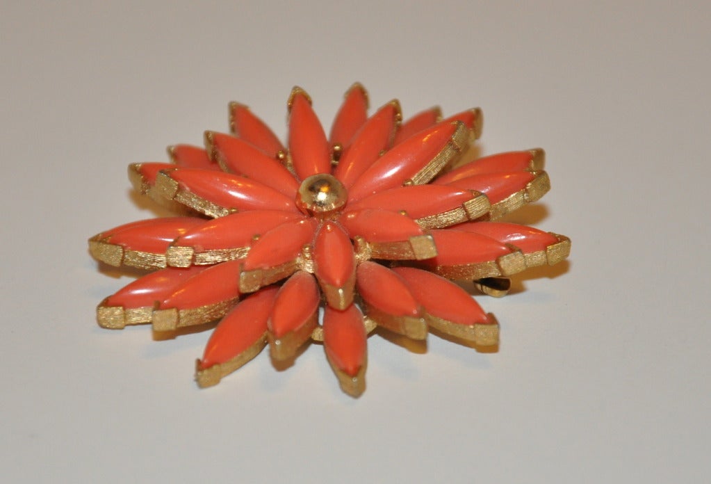 Trifari's large gilded gold with coral brooch has a three-D effect and wonderfully centered with a gold ball. Tips are finished with gold tips for added protection when worn. Measurements are 2 1/4