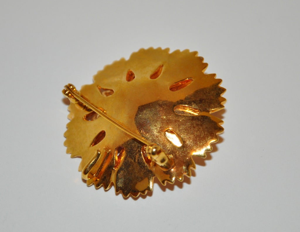 Brown Heavy Gilded Gold with Coral and Rhinestones Brooch & Pendant For Sale
