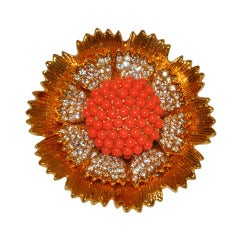 Heavy Gilded Gold with Coral and Rhinestones Brooch & Pendant