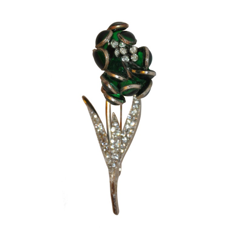 Hattie Carnegie Floral Brooch with Poured Glass and Rhinestones