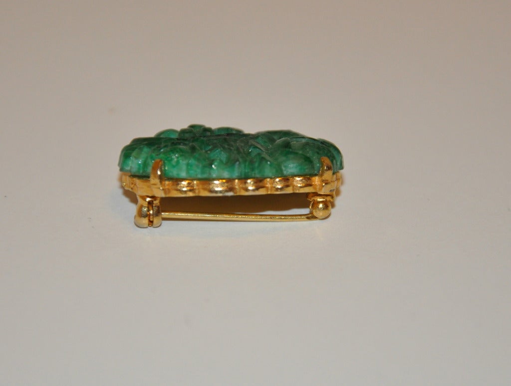 Women's Marvella Gilded Gold Grame Brooch with Jadeite Stone For Sale