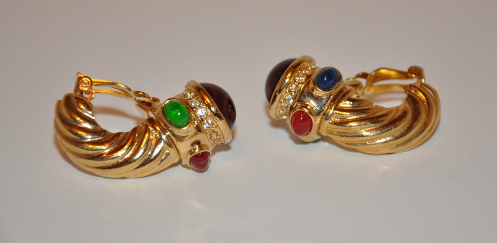 Bold Gilded Gold with Multi-colored stones Earrings In Excellent Condition For Sale In New York, NY