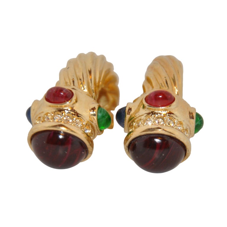 Bold Gilded Gold with Multi-colored stones Earrings For Sale