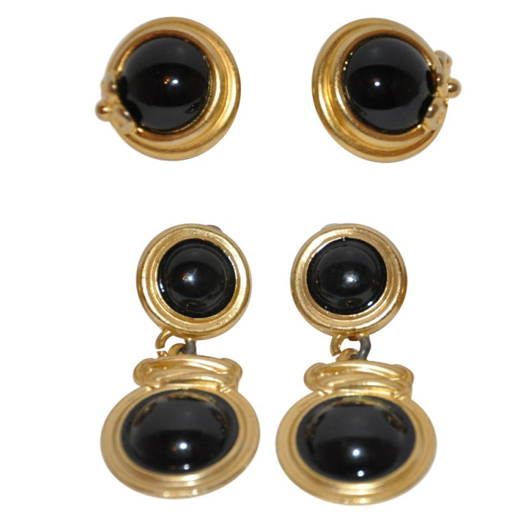 Givenchy "Set of Two" Gilded Gold Earrings with Onyx For Sale