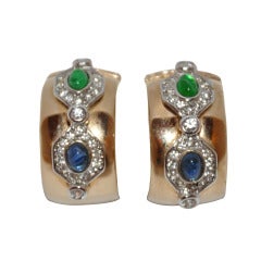 Gilded Gold with Cabochon and Diamond Clip-On Earrings