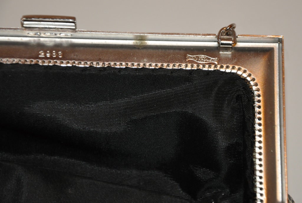Women's Whiting & Davis Black & White Striped Print Hardware Mesh Handbag