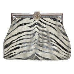 Retro Whiting & Davis Black & White Striped Print Hardware Mesh Handbag