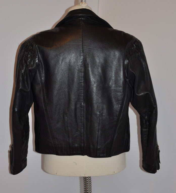 Harley Davidson Black Leather Men's Detailed M.C. Jacket In Excellent Condition For Sale In New York, NY