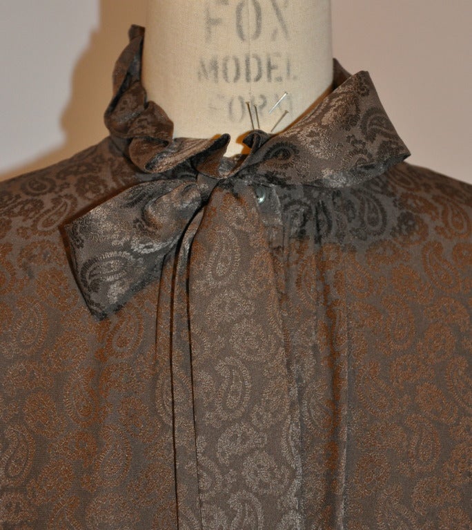 Yves Saint Laurent Taupe silk crepe de chine with paisley print ruffled blouse from his 