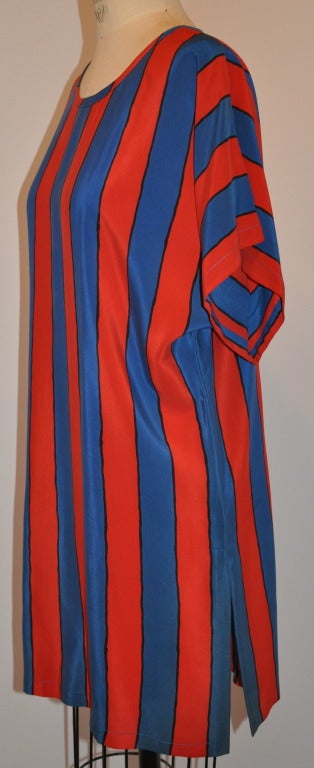 Apostrophe Blue & Red with Thin Black Stripe Silk Tunic In Excellent Condition For Sale In New York, NY