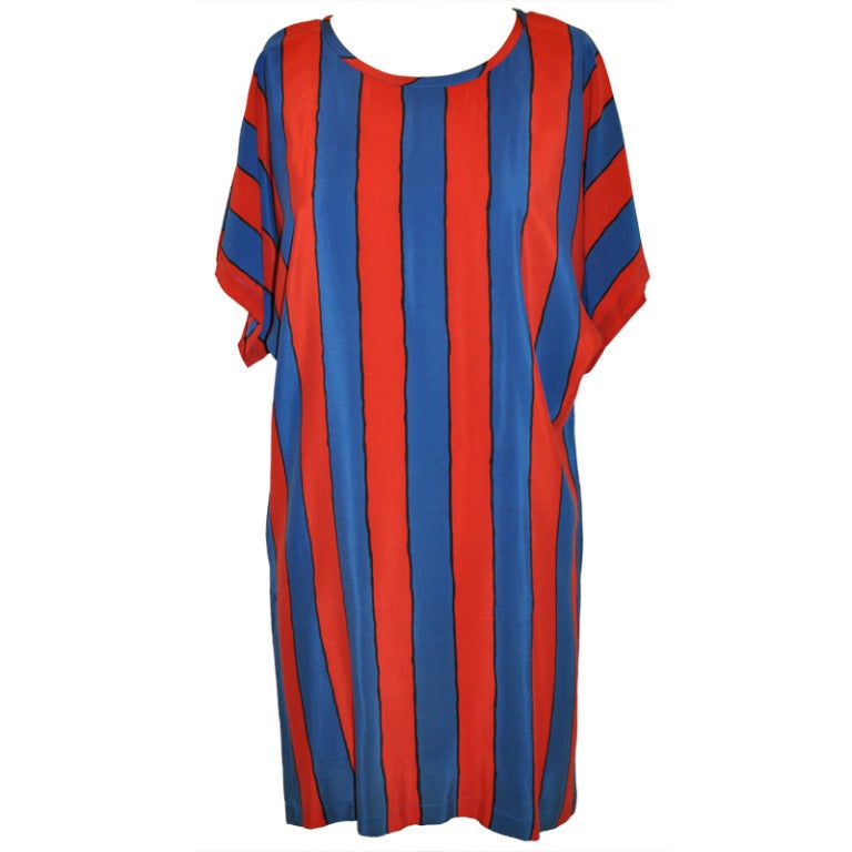 Apostrophe Blue & Red with Thin Black Stripe Silk Tunic For Sale