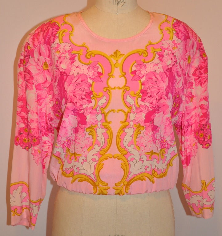 Escada Floral-Print Silk BodySuit Blouse For Sale at 1stdibs