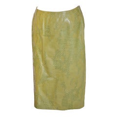 Oscar de la Renta Hand-Embroidered Detailed Green Leather Skirt
