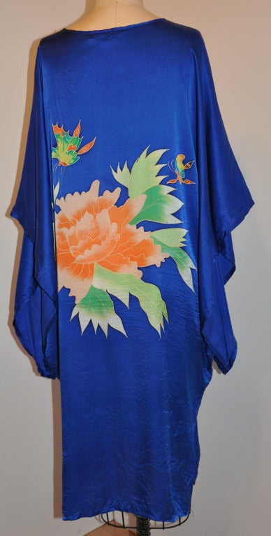 Women's Blue Hand-Painted Silk Caftan For Sale