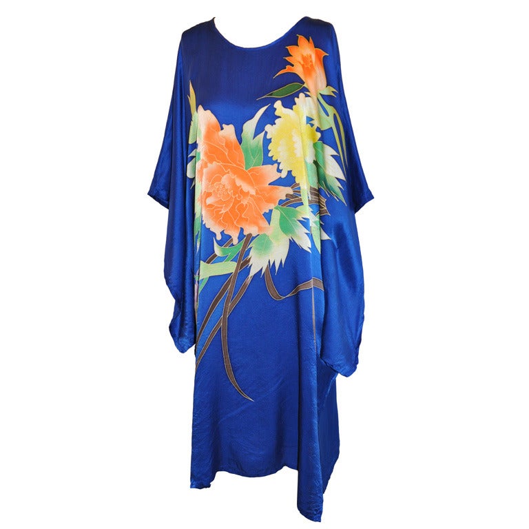 Blue Hand-Painted Silk Caftan For Sale