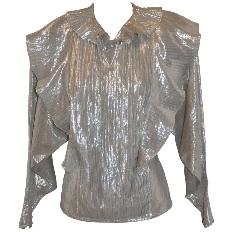 Emmanuelle Khanh Metallic Silver Lame Pleated Blouse For Sale