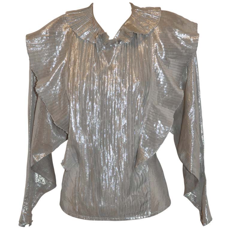 Emmanuelle Khanh Metallic Silver Lame Pleated Blouse For Sale at ...