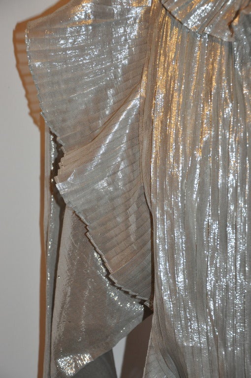 Emmanuelle Khanh Metallic Silver Lame Pleated Blouse In Excellent Condition For Sale In New York, NY