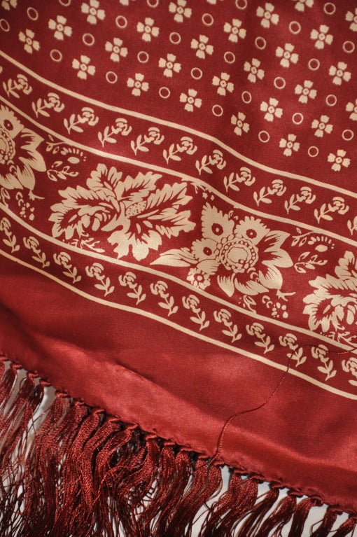 Men's double-layer burgundy print silk scarf with silk tassles measures 49 1/2