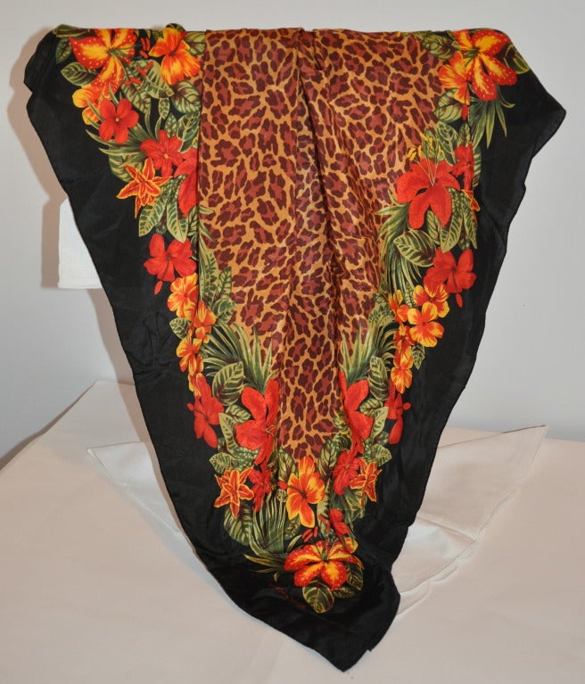 Brown Bold Jungle With Floral Print Silk Scarf