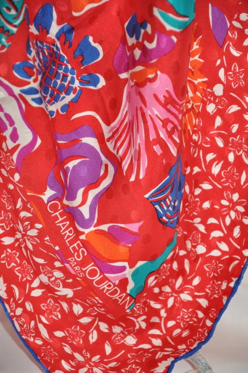 Signature Charles Jordan bold abstract silk crepe de chine scarf measures 34