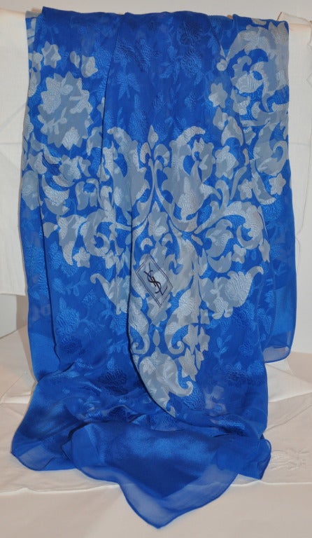 This wonderfully huge signature Yves Saint Laurent silk chiffon accented with velvet brocade detailing scarf measures 50