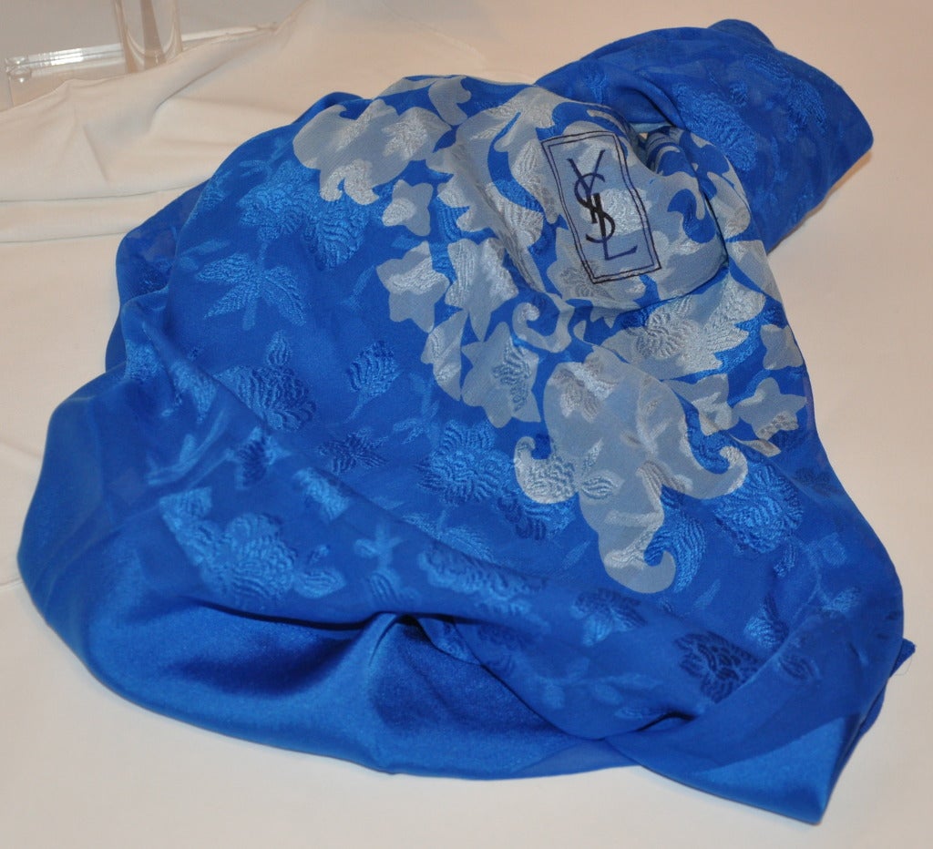 Blue Huge Yves Saint Laurent Silk Chiffon with Velvet Brocade Scarf