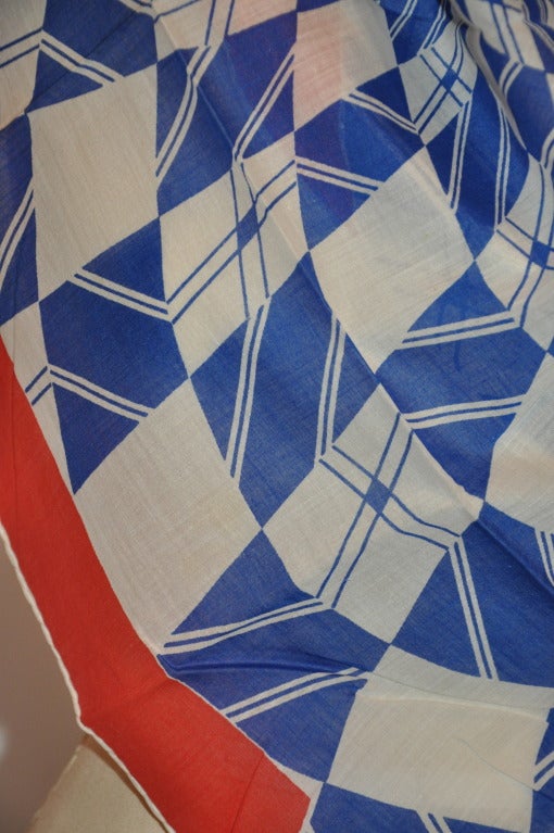 This wonderful 100% cotton Bold Abstract scarf of navy & whites with border edged with red & a hint of white measures 30