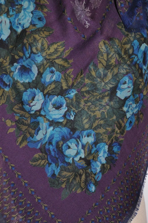 Multi-color floral print wool challis scarf measures 55