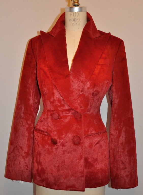 This wonderfully cuff-detailed Richard Tyler deep-red pony-like feel double-breasted blazer would be perfect for Prince!
   Shoulder measures 16 1/2
