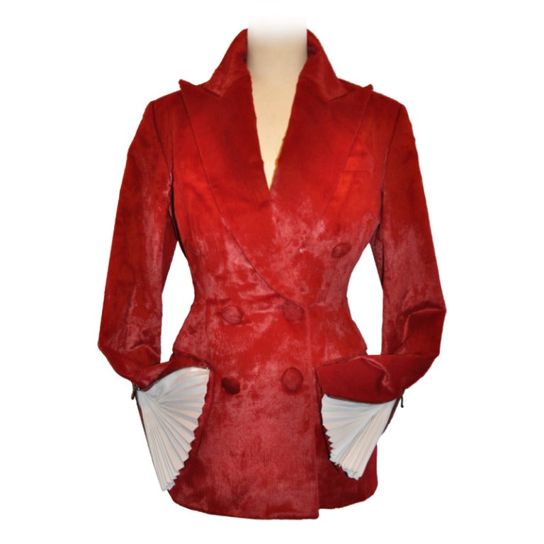 Richard Tyler Deep-Red Pony-Like Double-Breasted Detailed Ruffles Cuff Jacket