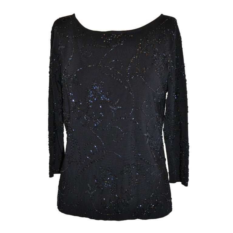 Carmen Marc Valvo Black Jersey with Beadwork Pullover.