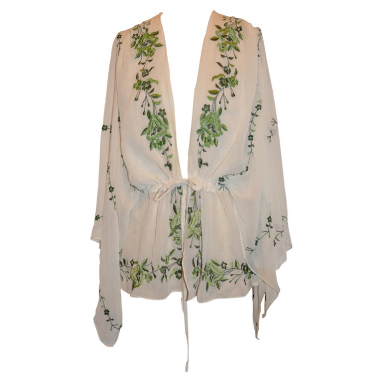 Adrienne Landeau Hand-Embroidered Silk Chiffon Draw-String Kimono Top
