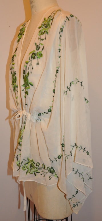 Adrienne Landeau Hand-Embroidered Silk Chiffon Draw-String Kimono Top In Excellent Condition In New York, NY
