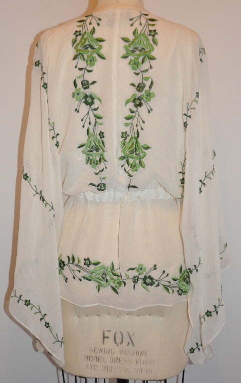 Adrienne Landeau Hand-Embroidered Silk Chiffon Draw-String Kimono Top 1