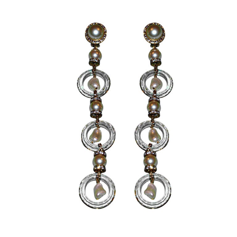 Glass with pearls and rhinestones earrings For Sale