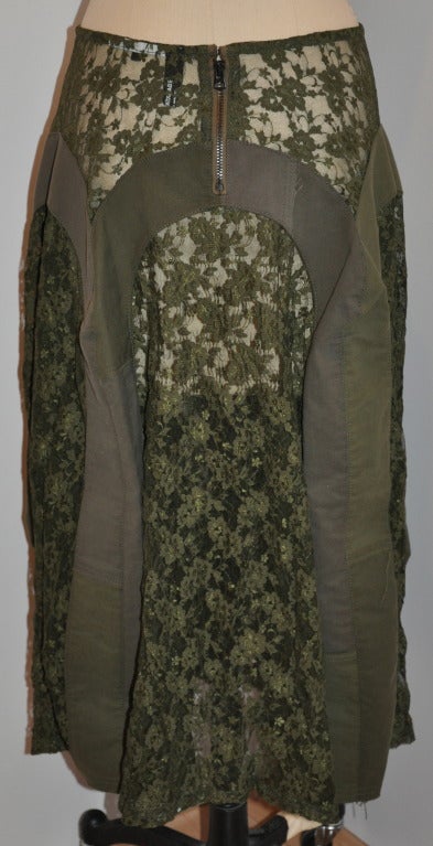 Junya Watanabe for Comme des Garcons Khaki green with lace deconstructed skirt measures 32