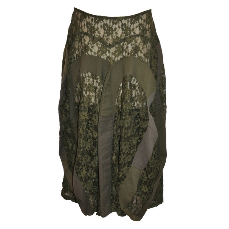 Junya Watanabe for Comme des Garcons Khaki Denim with Lace Deconstructed Skirt For Sale