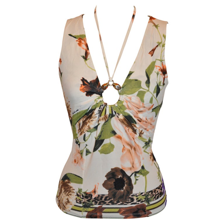 Roberto Cavalli Bold Floral Print Tank with Tie Back Feature