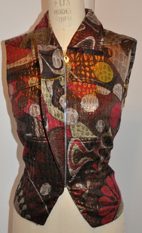 Emilio Pucci multi-colored metallic lame quilted zippered front top has a zipper measuring 13 1/2