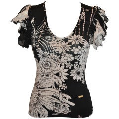 Roberto Cavalli Black & White Floral Stretch Pull-Over with Ruffled Sleeves Top