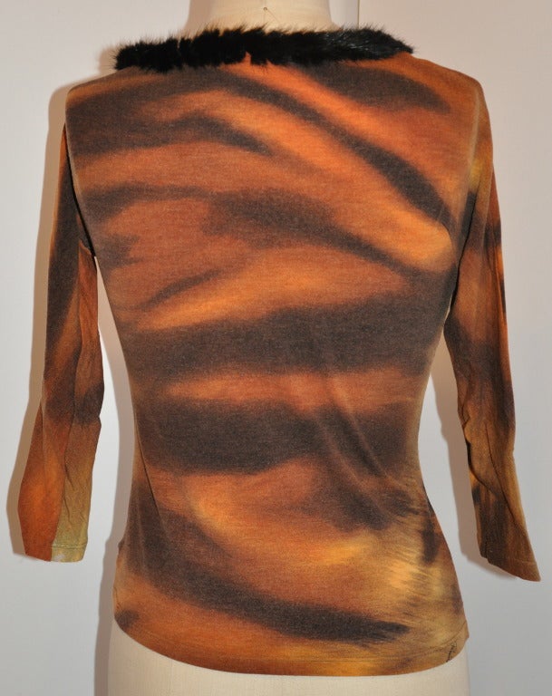 Brown Roberto Cavalli Leopard Print with Mink Trim Stretch Pull-Over For Sale